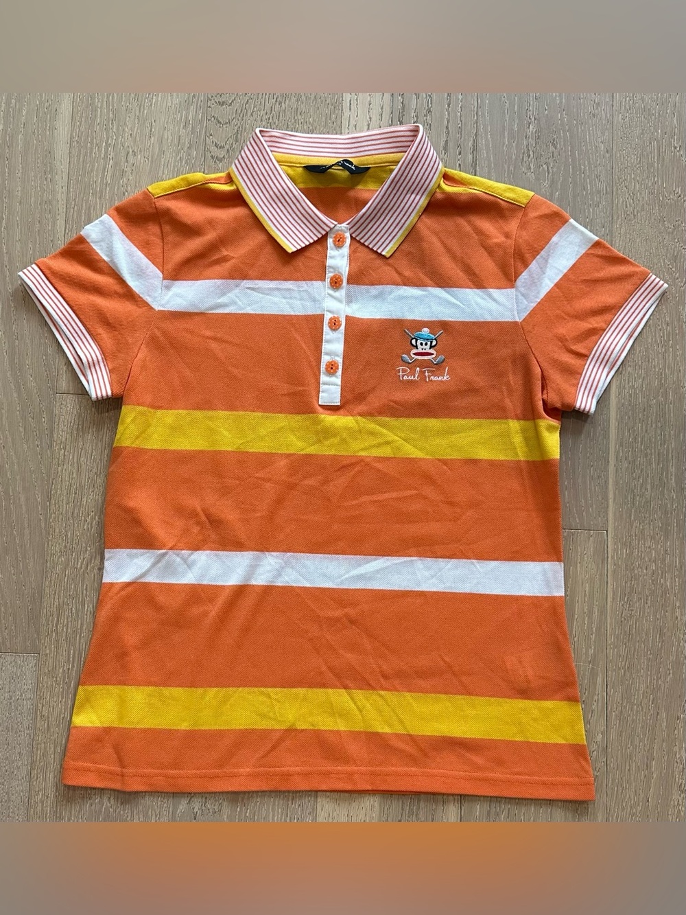 Paul Frank Julius Golf Polo Shirt Women’s S Orange Yellow Striped Size 38 - Picture 2 of 7